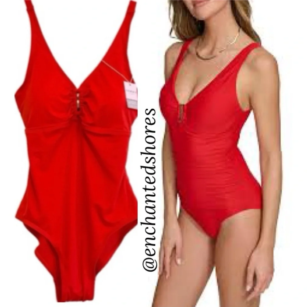 Swimsuit Slimming One Piece Plunge V Neckline Sunset Coral Red Orange Size Small